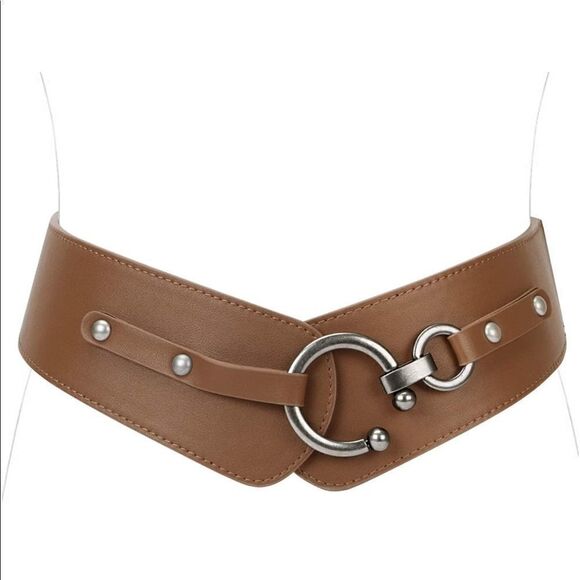 Wide Brown Leather Belt Hook Buckle Wide Belt - Picture 2 of 8
